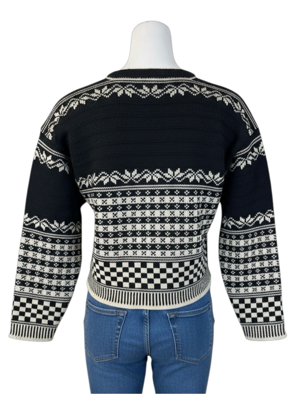 Vintage Norlender Norwegian Wool Cardigan Black Cream Fair Isle Nordic Pewter M - Picture 2 of 10